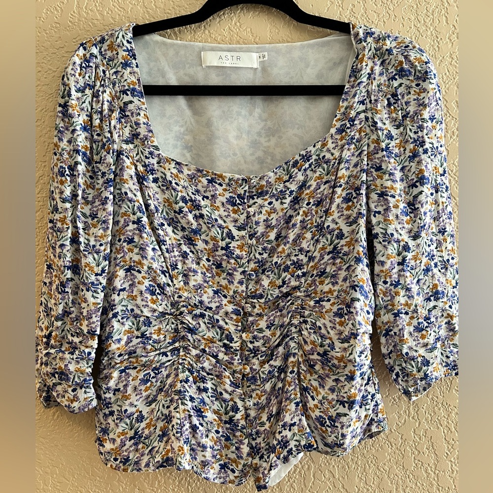 Square Neck Floral ¾ Sleeve Rouched Blouse Size M